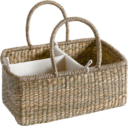 Premium Wicker Baby Diaper Caddy Organizer, Woven Seagrass Basket with Handles, Diaper Basket with Dividers (Seagrass)