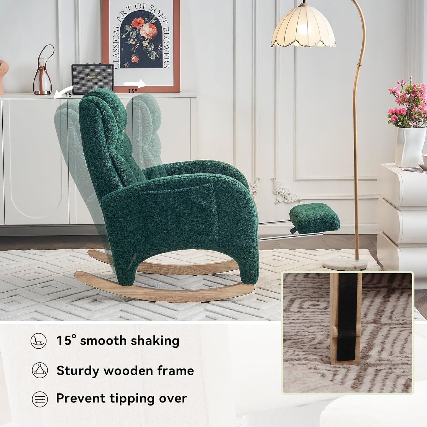 FOXHUNTER Rocking Chair Nursery, Modern Glider Chair with Adjustable Footrest and Solid Wood Legs, High Backrest Nursery Chair with Side Pocket, Rocker Armchair for Living Room Bedroom, Teddy Ivory