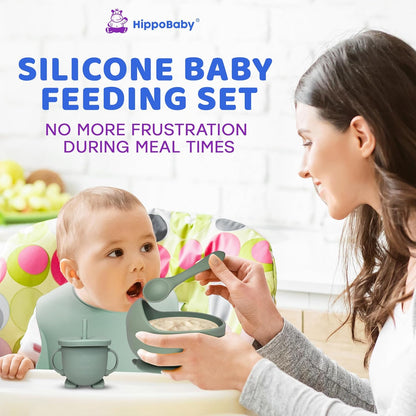 HippoBaby Baby Led Weaning Supplies | 10 Piece Silicone Baby Feeding Set | Baby Toddler Bib Cup Divided Plate and Bowl Self Feeding Spoons Dish Set | Baby Utensils | Toddler Feeding Supplies (Sky)