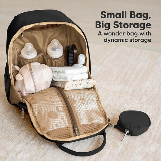 KeaBabies Diaper Bag Backpack - Small Multifunctional Travel Diaper Back Packs, Maternity Baby Changing Bags, 12L Capacity, PU Leather, Waterproof, Unisex, Nappy Changing Pad (Trendy Black, Small)