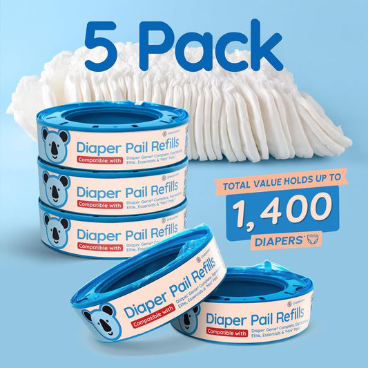 Reli. Diaper Pail Refill Bags, Compatible with Genie Complete, Expressions (5 Pack) | Pail Refills Unscented | Odor Blocking, Strong, Easy Replacement | Holds up to 1,400 Newborn Diapers
