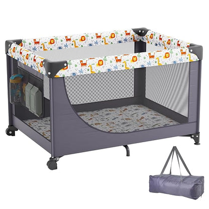 VEVOR Baby Travel Crib and Play Yard, Folding Baby Playpen with Soft Mattress Pad, Portable Toddlers Crib with Breathable Mesh and Travel Bag, Indoor/Outdoor Kid Activity Center for 0-36 Months Babies