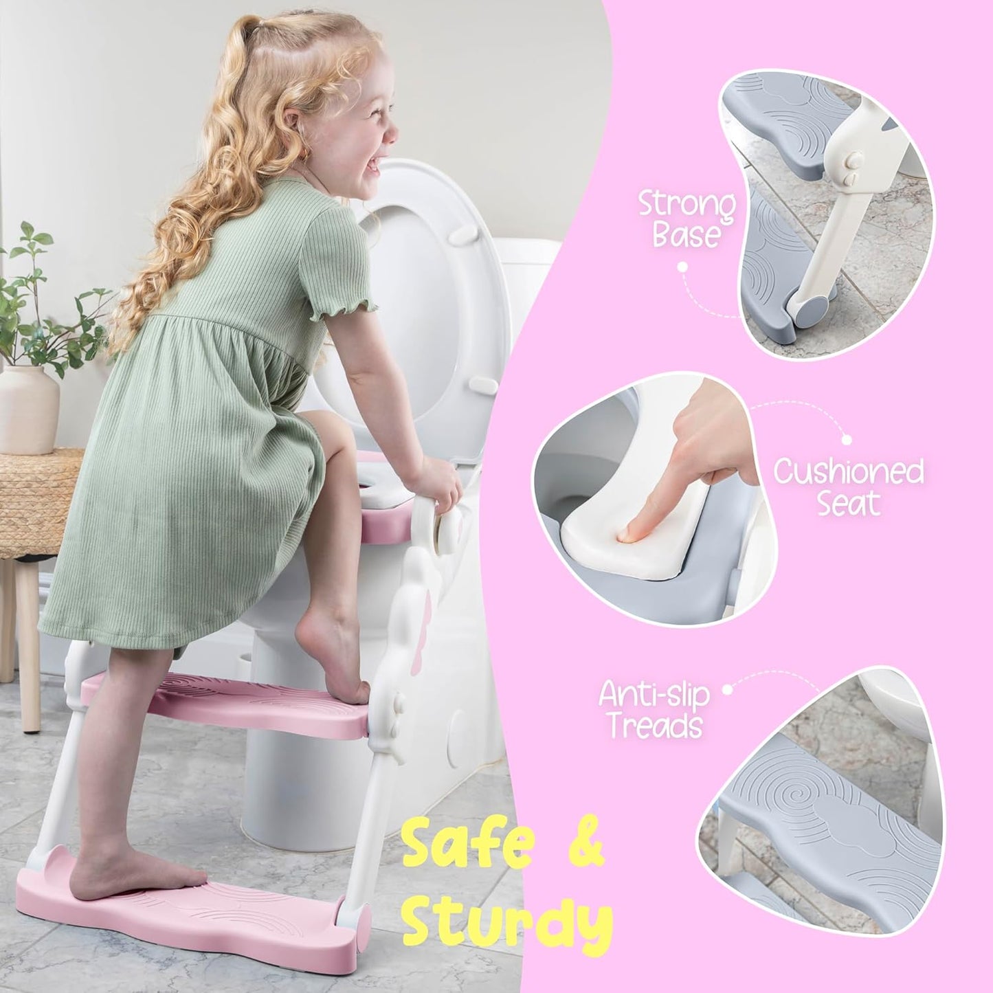 bebeleh Musical & Sound Toddler Potty Training Seat w/Step Stool Ladder - Collapsible & Adjustable Toilet, Pre Assembled Toddler Toilet Seat w/Music & Sounds - Splash Guard & Anti-Slip Steps - Gray
