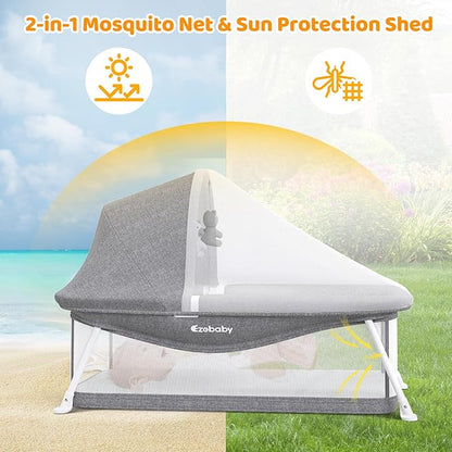 Ezebaby Portable Travel Bassinet for Baby 0-5 Months, Foldable Newborn Bassinet Baby Bed Infant Crib with Padded Mattress, Canopy, Mosquito Net, Carrying Bag