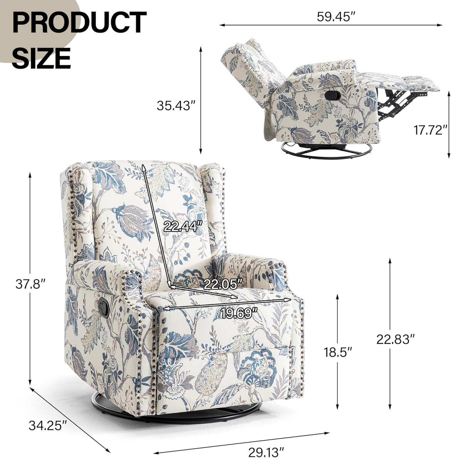 Swivel Rocker Recliner Chair, Manual Nursery Glider Recliner, Floral Fabric Wingback Accent Chair with Adjustable Backrest & Footrest for Small Spaces Living Room Bedroom (Plants Floral, Set of 1)