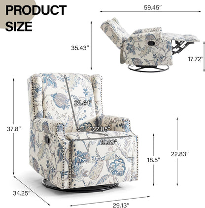 Swivel Rocker Recliner Chair, Manual Nursery Glider Recliner, Floral Fabric Wingback Accent Chair with Adjustable Backrest & Footrest for Small Spaces Living Room Bedroom (Plants Floral, Set of 1)