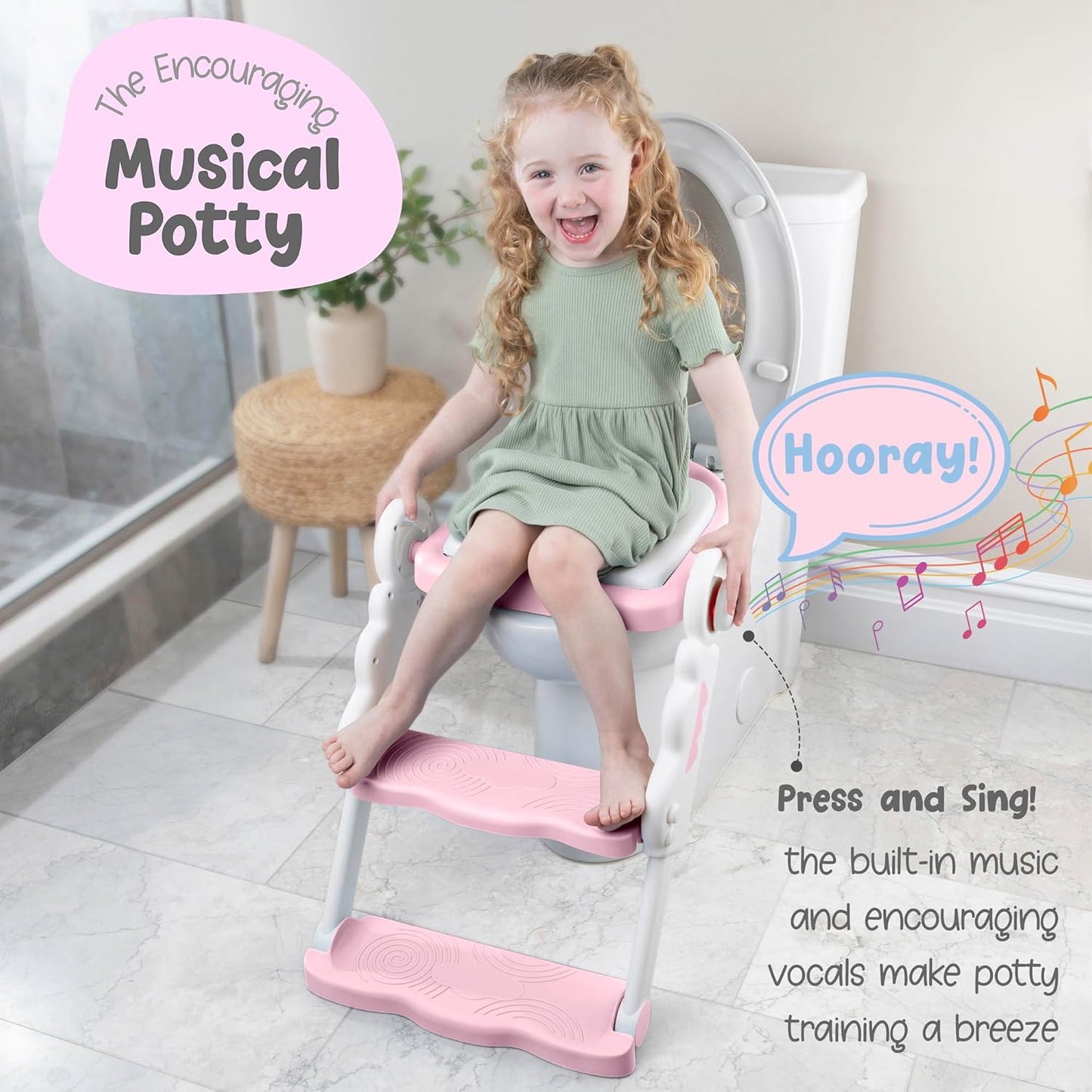 bebeleh Musical & Sound Toddler Potty Training Seat w/Step Stool Ladder - Collapsible & Adjustable Toilet, Pre Assembled Toddler Toilet Seat w/Music & Sounds - Splash Guard & Anti-Slip Steps - Gray