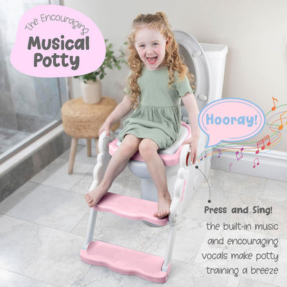 bebeleh Musical & Sound Toddler Potty Training Seat w/Step Stool Ladder - Collapsible & Adjustable Toilet, Pre Assembled Toddler Toilet Seat w/Music & Sounds - Splash Guard & Anti-Slip Steps - Gray