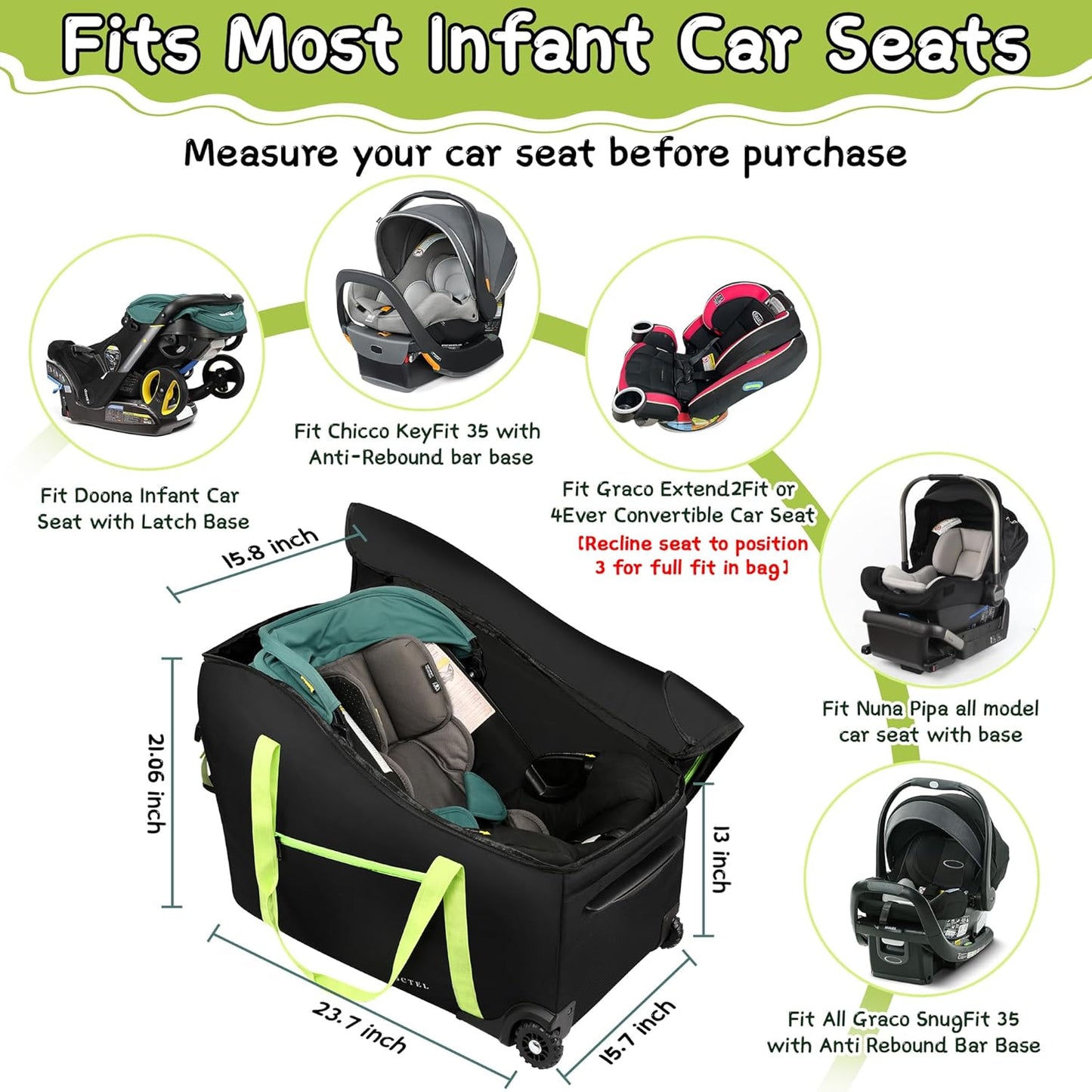 SCTEL Infant Car Seat Travel Bag Fit Doona Car Seat Stroller and Base, Chicco Keyfit 35 and Base, Doona Travel Bag with Wheels, Padded Car Seat Bags for Air Travel, Nuna Travel Bag with Zipper Pocket