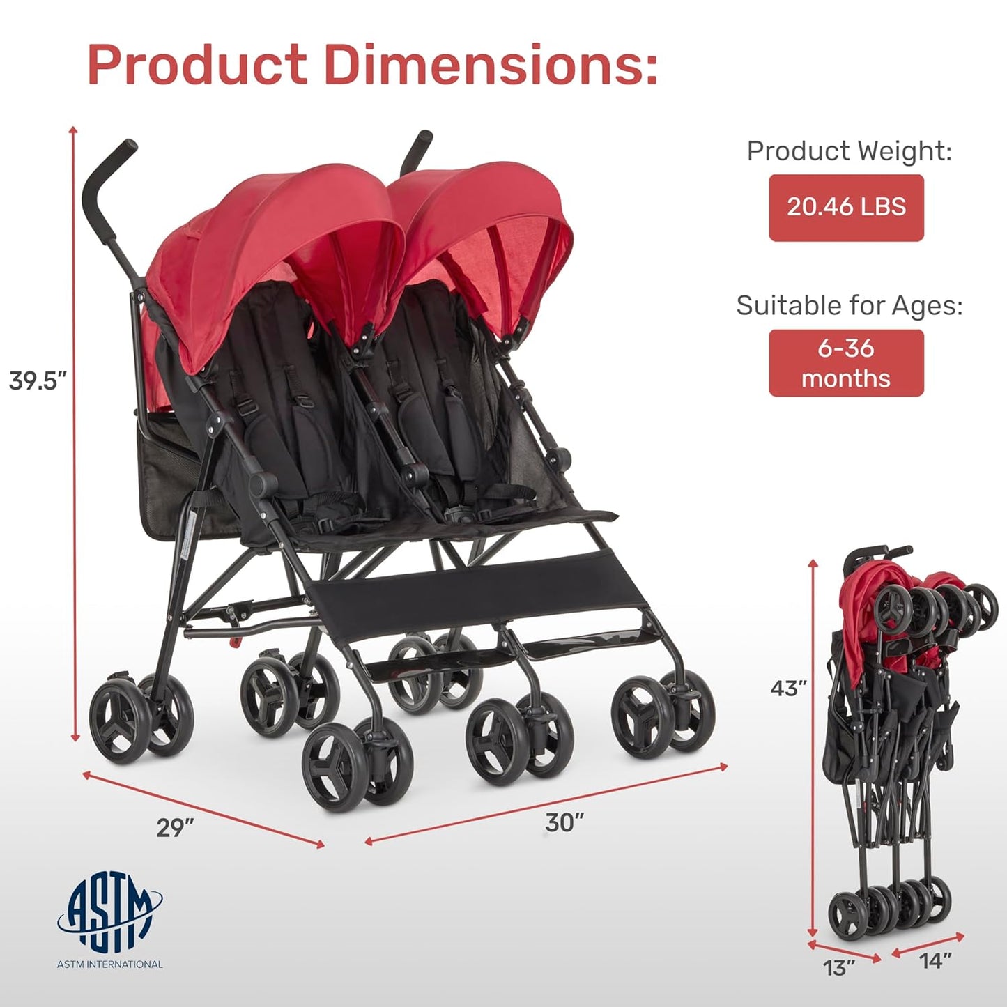 Dream On Me Twin Venture Umbrella Stroller in Pink, Multi Backrest Positions, Adjustable & Removable Canopy Double Stroller, 360°Swivel Wheels with Locks