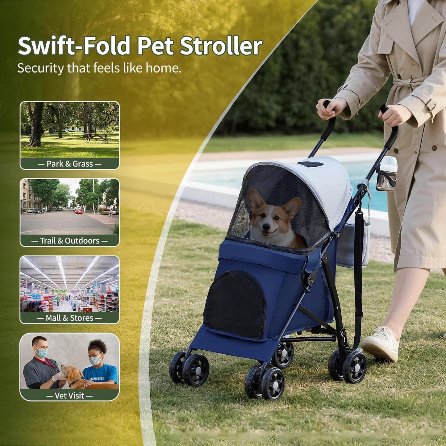 10lbs Ultra-Lightweight Pet Stroller - Compact Folding Umbrella Stroller with Durable Shoulder Strap, 3-Compartment Organizer & Cup Holder - Portable Dog Cat Travel Carriage, Dark Gray