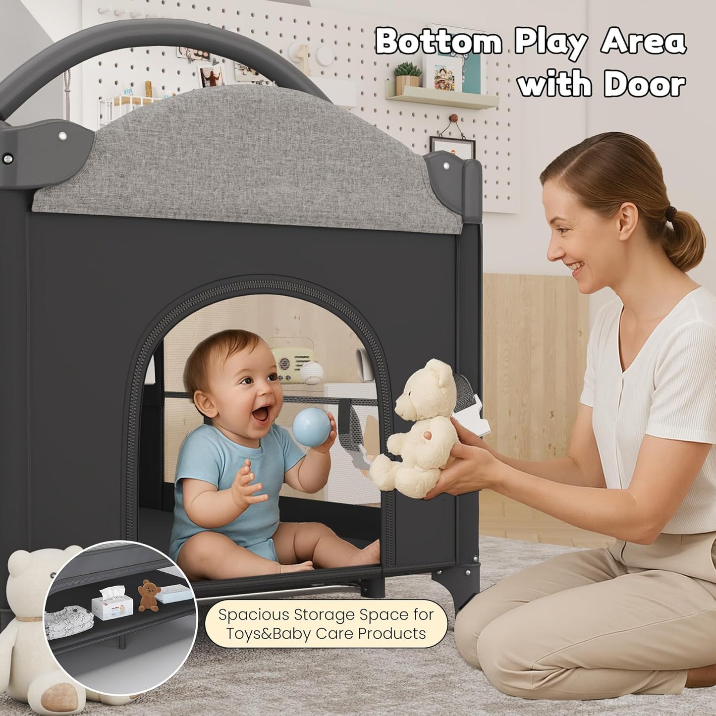 5-in-1 Baby Bassinet Bedside Sleeper with Swing Tube Converts to Cradle, Baby Crib with Mattress, Detachable Diaper Changer, Mosquito Net and Toy - Black