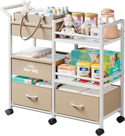 Twinkoo 2-in-1 Baby Diaper Caddy Organizer, 3 Tier Rolling Storage Cart with Dividers and Drawers, Baby Essentials for Nursery Storage, Mobile Utility Cart with Wheels Large Capacity Easy to Assemble