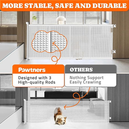 Pawtners Retractable Baby Gates Extra Wide, 41" Tall Extends up to 71" Wide, Dog Gate Indoor with for Stairs, Pet Gate with Support Rods for Doorways Hallways Indoor & Outdoor-White