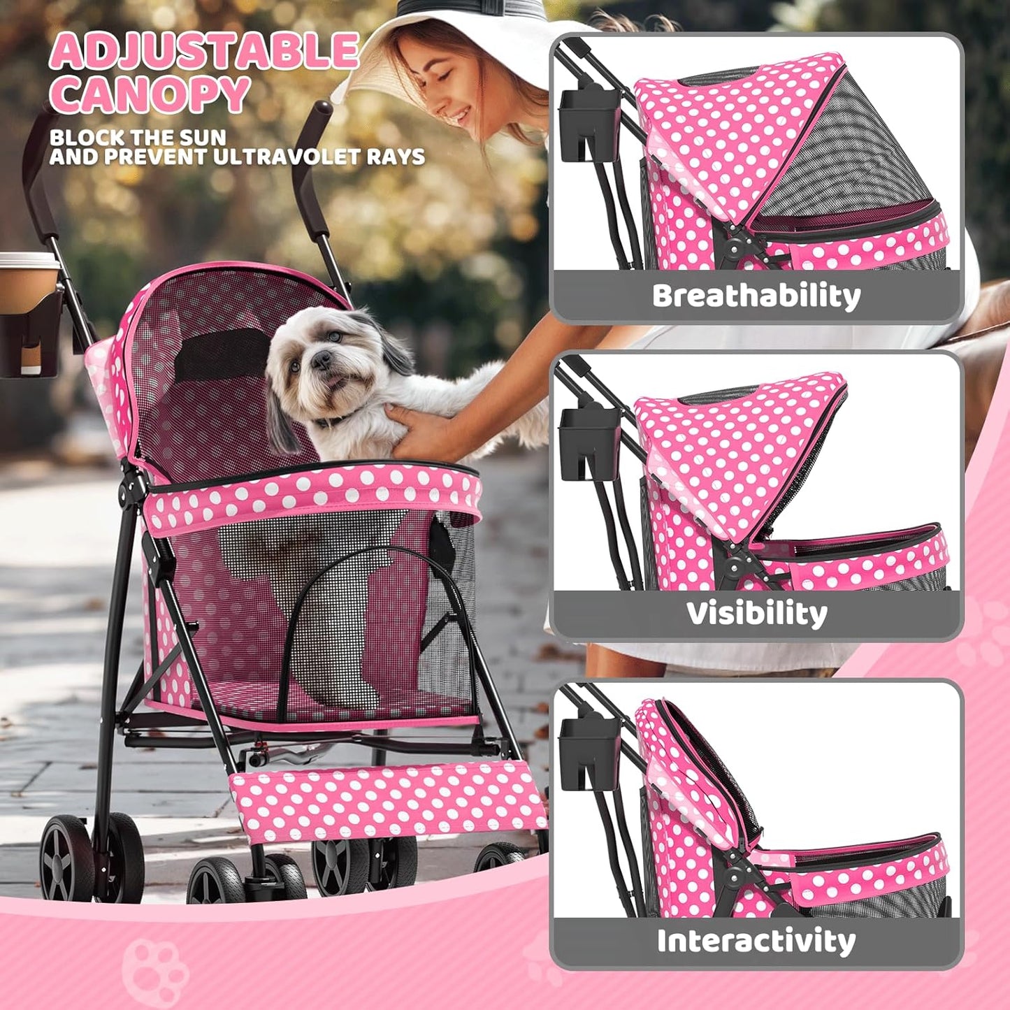 Magshion Compact Pet Stroller for Small-Medium Dogs/Cats up to 22lbs, 4-Wheel Lightweight Umbrella Shaped Portable Puppy Travel Jogger with Breathable Mesh, Cup Holder & Rear Storage, Black