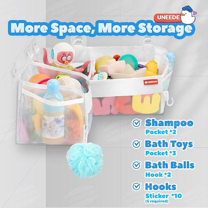 UNEEDE Bath Toy Storage - 3 Compartment Corner Bath Toy Storage Organizer, 4 Gallons Quick-Drying Bath Toy Holder, Machine-Washable Bathtub Toy Storage for Classify Toys & Bath Supplies
