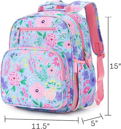 mibasies Kids Backpack for Girls: Girls Backpack 5-8 - Kindergarten Elementary School Bookbag for Girl - Flower Light Blue