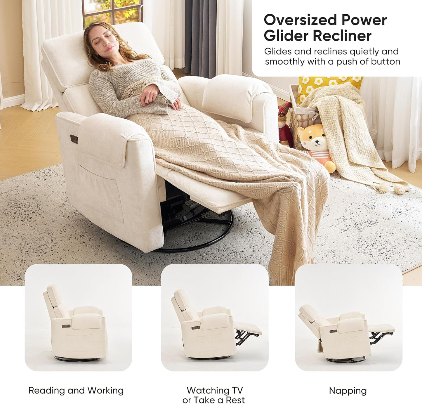 Oversized Power Rocker Recliner Chair, 26" Extra Wide Swivel Recliner with Adjustable Headrest, Chenille Glider Rocking Nursery Chair with Overstuffed Armrest, USB Ports, Cream