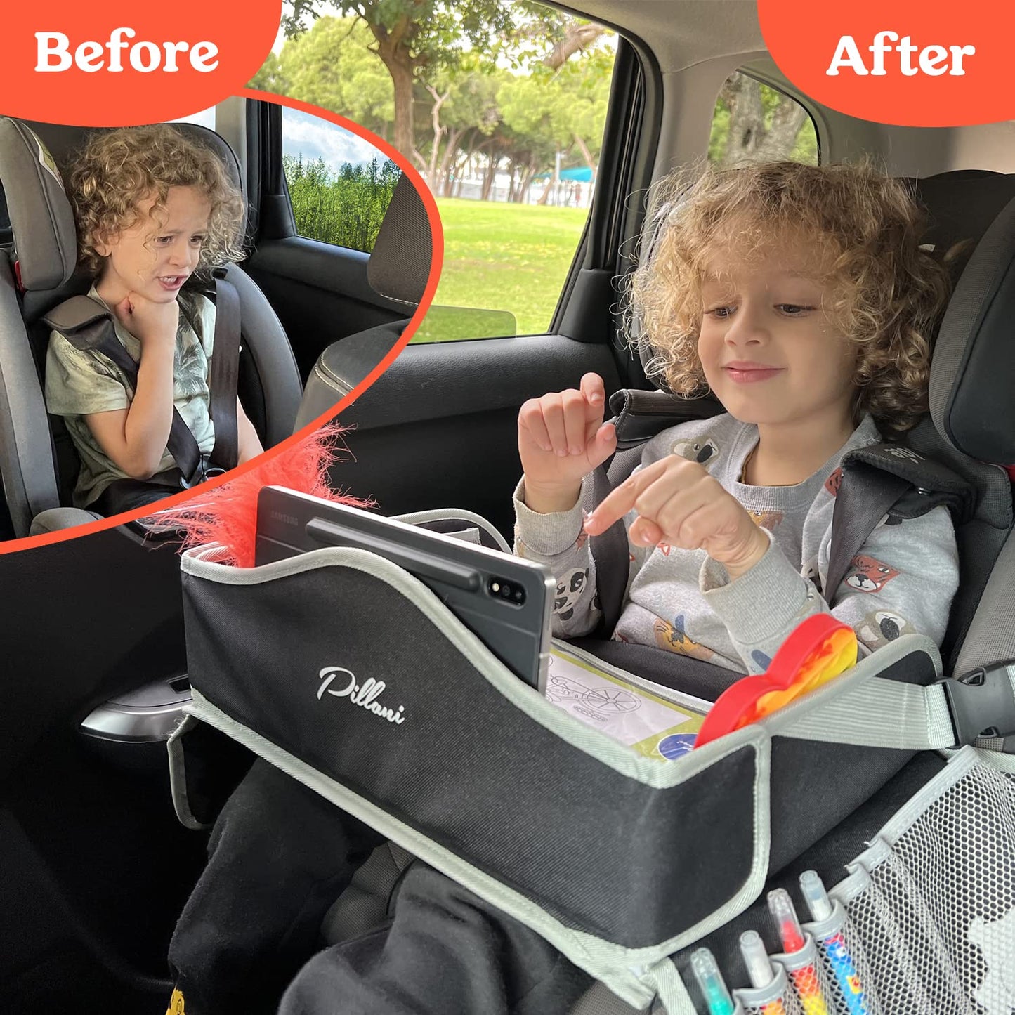 PILLANI Kids Travel Tray for Car Seat - Carseat Tray w/ iPad Holder & Dry Erase Board, Road Trip Activities - Toddler Lap Desk Organizer for Airplane - Roadtrip & Travel Essentials - Pack of 2, Pink