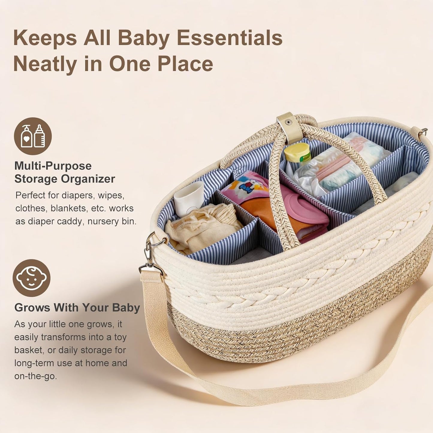 Baby Diaper Caddy Organizer, Portable Nursery Storage Basket with Changeable Compartments, 100% Cotton Woven Rope Baskets, Car & Changing Table Tote, Newborn Gift