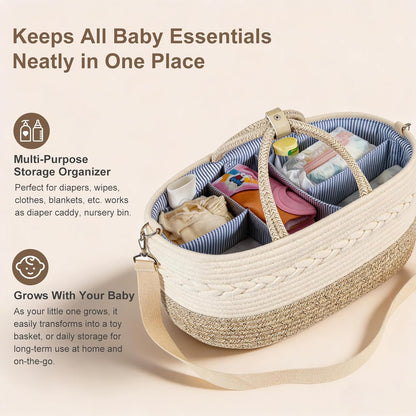 Baby Diaper Caddy Organizer, Portable Nursery Storage Basket with Changeable Compartments, 100% Cotton Woven Rope Baskets, Car & Changing Table Tote, Newborn Gift