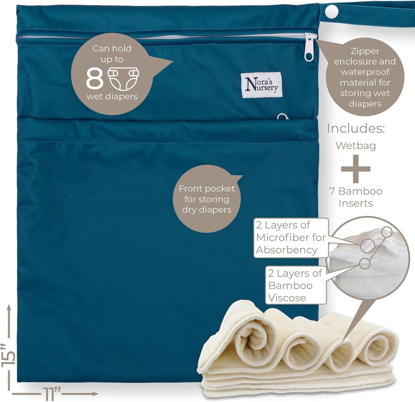 Nora's Nursery Cloth Diapers 7 Pack with 7 Inserts & 1 Wet Bag - Waterproof Cover, Washable, Reusable & One Size Adjustable Pocket Diapers for Newborns and Toddlers - Delilah