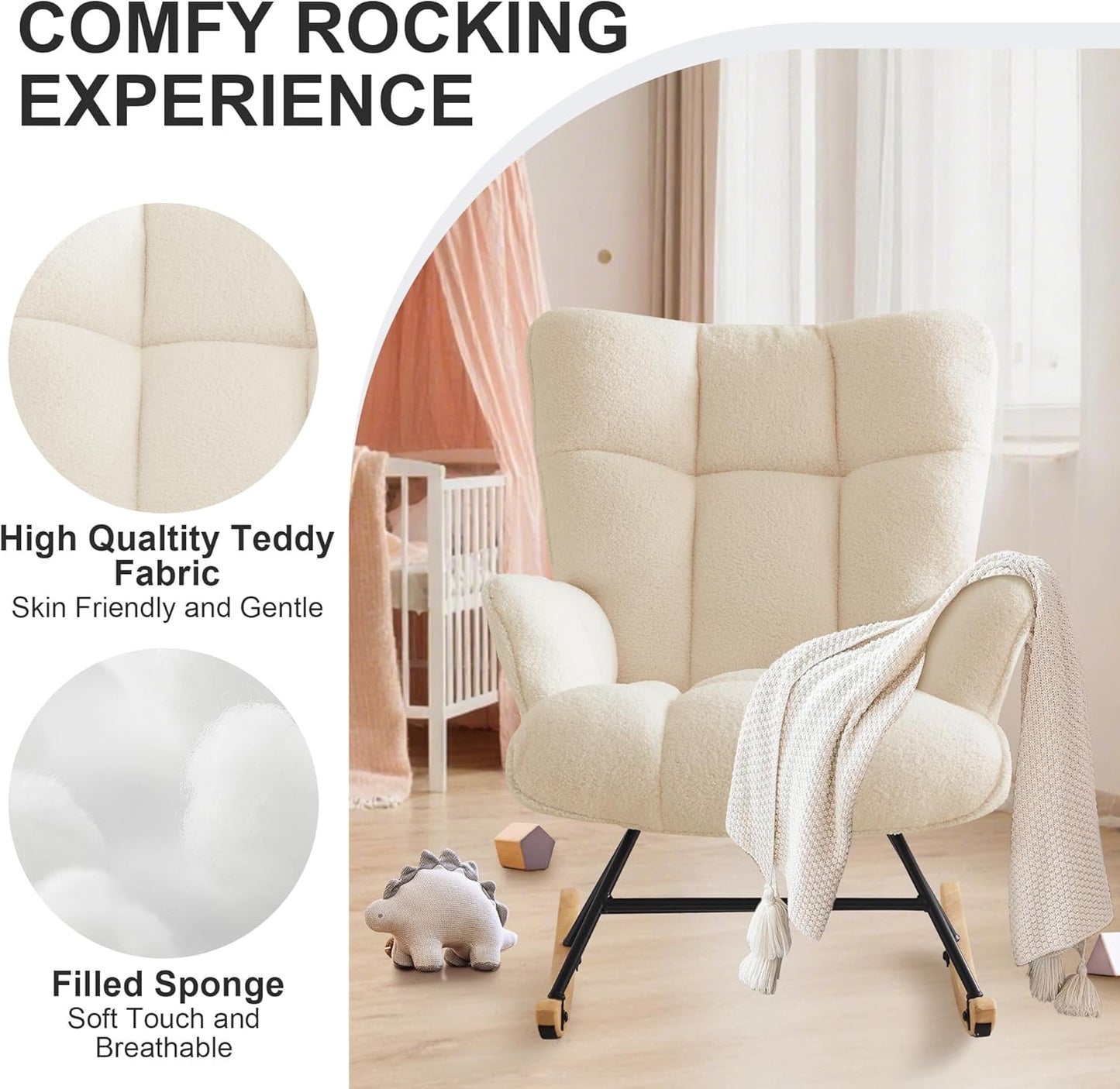 Zedachica Rocking Chair Nursery Teddy Upholstered Glider Rocker Rocking Accent Chair Padded Seat with High Backrest Armchair Comfy Side Chair for Living Room Bedroom Offices (Black Teddy)