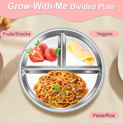 Bella’s Friends Stainless Steel Baby Plates with Suction 3 Pack, 8” Divided Toddler Plates with Removable Silicone Sleeves for Mess-Free Feeding, Non-Toxic, Non-Slip, Dishwasher Safe, beige,gray,green