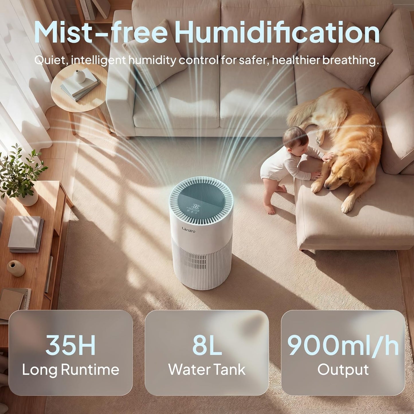 Livatro Stainless Steel Humidifier, 3L Warm Mist Humidifier, Easy Clean with Warm Steam Humidifier, Healthy Air Mist Humidifiers for Bedroom Living Room, with Sleep Mode and Auto-off Setting