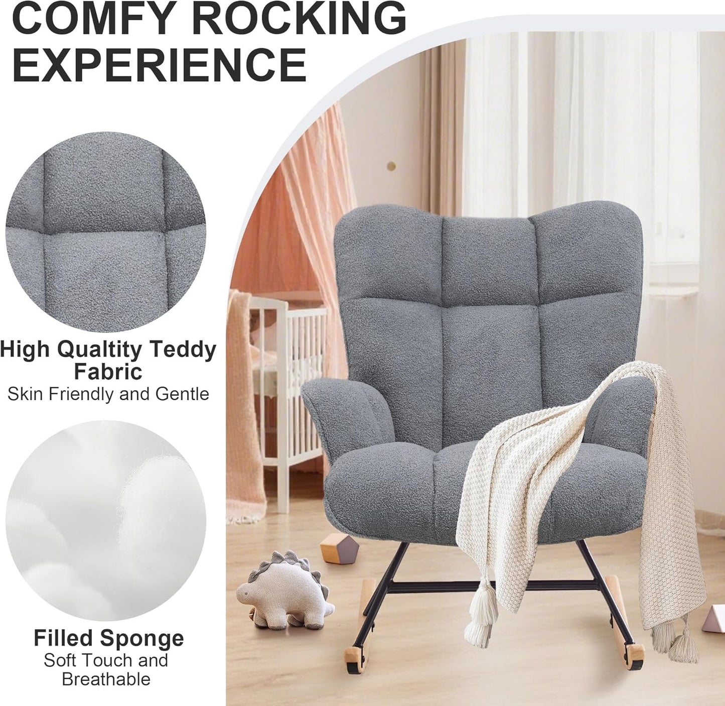 Zedachica Rocking Chair Nursery Teddy Upholstered Glider Rocker Rocking Accent Chair Padded Seat with High Backrest Armchair Comfy Side Chair for Living Room Bedroom Offices (Black Teddy)