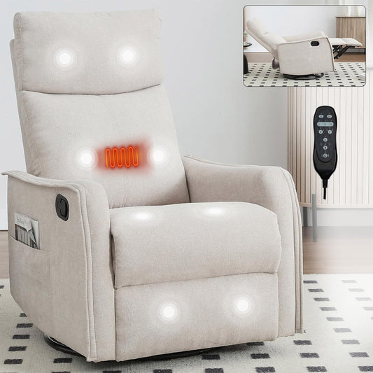 Massage Chair Recliner with Heat, Swivel Rocking Chair Recliner with High Back, Manual Nursery Recliners for Adults,Small Recliner Chair for Small Spaces, Living Room Bedroom, Fabric (Blue Green)