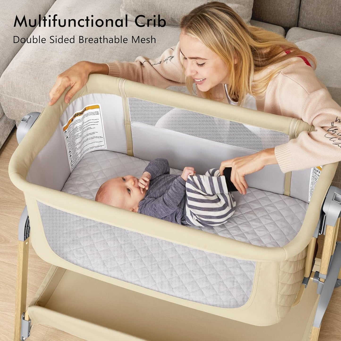 TotRun Bassinet Bedside Sleeper, Rocking Bassinets with Comfy Mattress and Wheels for Newborn, 5-Height Adjustable (Black)