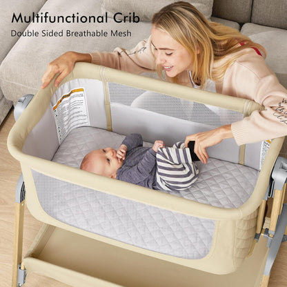 TotRun Bassinet Bedside Sleeper, Rocking Bassinets with Comfy Mattress and Wheels for Newborn, 5-Height Adjustable (Black)