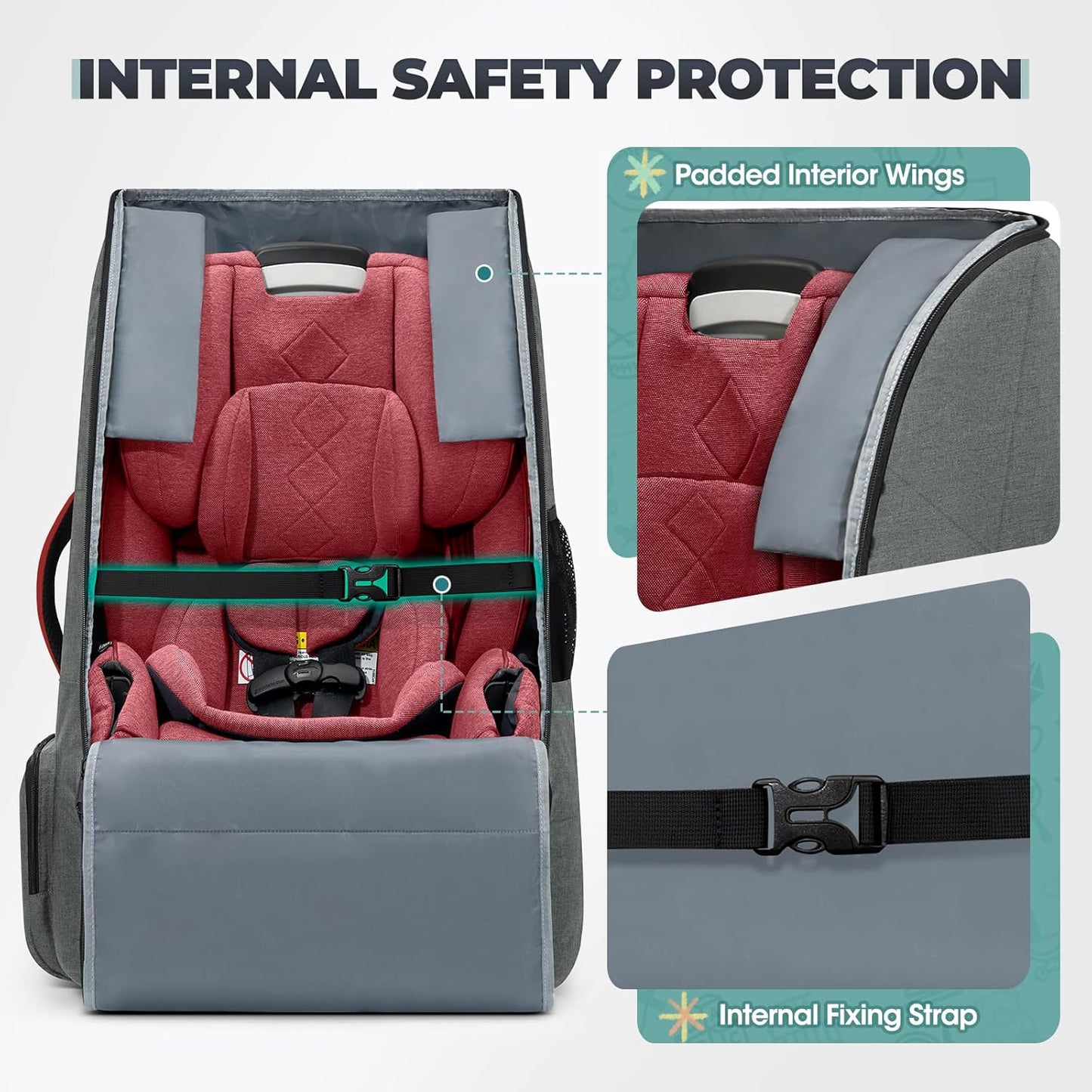 RAINSMORE Padded Car Seat Travel Bag for Airplane Heavy Duty Car Seat Backpack for Air Travel Baby Carseat Cover Bags for Airport Large Car Seats Carrier Fits Car Seats & Booster Seats, Black