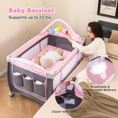 BABY JOY 4 in 1 Pack and Play, Portable Baby Playard with Bassinet, Side Zipper Door, Changing Table, Indoor Outdoor Travel Nursery Center w/Hanging Bar, Lockable Wheels, Carry Bag