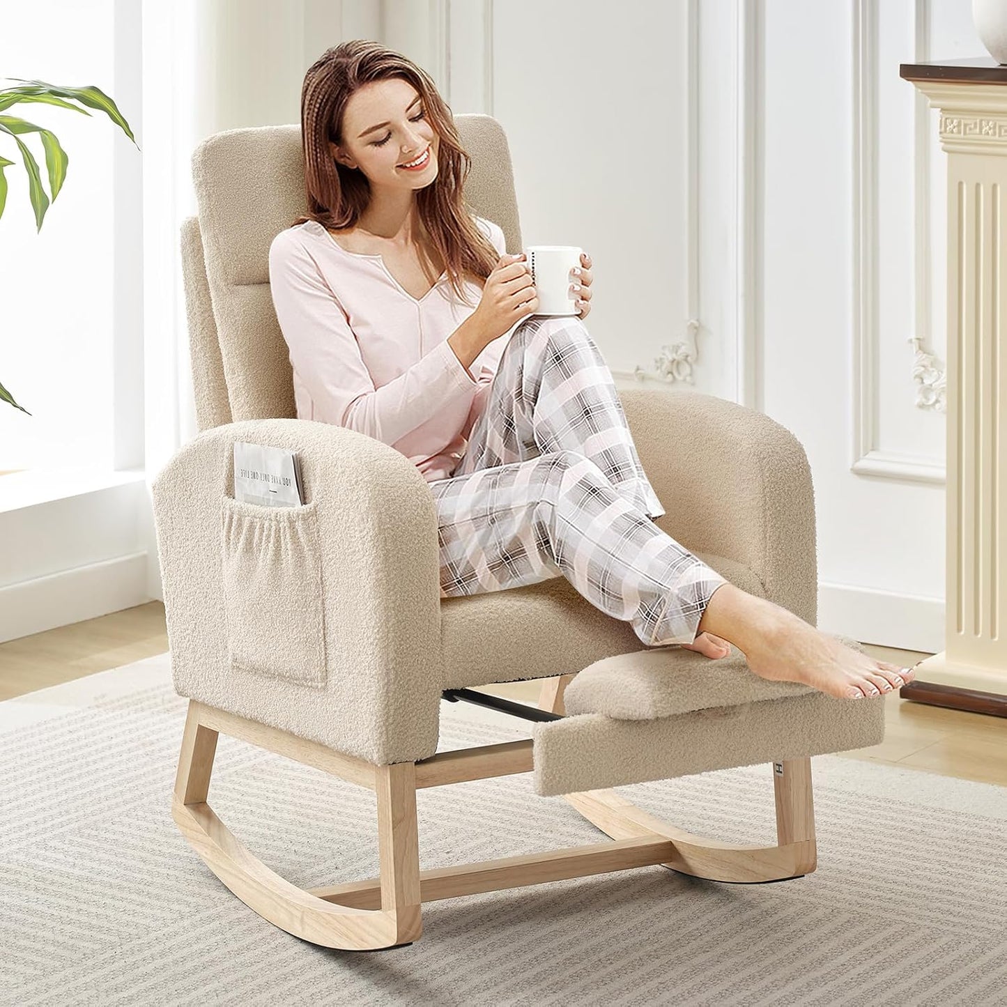 Modern Nursery Rocking Chair, Teddy Upholstered Rocking Chair with Footrest, Comfortable Rocker Recliner with Side Pocket, Rocker Glider for Living Room, Bedroom, Nursing Room