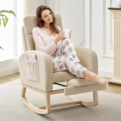 Modern Nursery Rocking Chair, Teddy Upholstered Rocking Chair with Footrest, Comfortable Rocker Recliner with Side Pocket, Rocker Glider for Living Room, Bedroom, Nursing Room