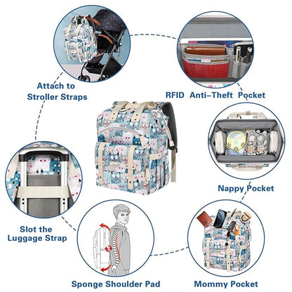 Jiefeike Diaper Bag Backpack,Baby Bags for Mom Dad Girls Boys,15.6inch Cat Dog Travel Baby Diaper Bags with Insulated Pockets RFID Anti-Theft Water-Resistant Pocket