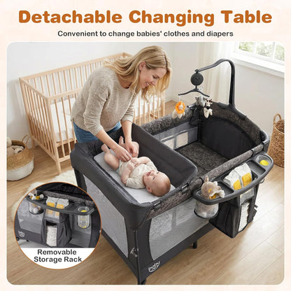 BABY JOY 5-in-1 Pack and Play, Baby Bedside Sleeper with Bassinet, Portable Baby Playard with U-Shaped Diaper Changer, Safety Strap, Multifunction Baby Bassinet Bedside Crib from Newborn to Toddlers