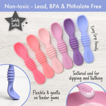 PrimaStella Silicone Chew Spoon Set for Babies and Toddlers | Safety Tested | BPA Free | Baby Spoon 6 Pack (Blue/Green)