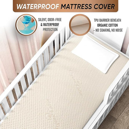 Luxury Organic Cotton Crib Mattress Pad - Skin Friendly, Waterproof, Breathable & Absorbent Mattress Protector - Ultra Thick 380GSM 3D Air Fabric - Fitted for Standard Baby Crib Size