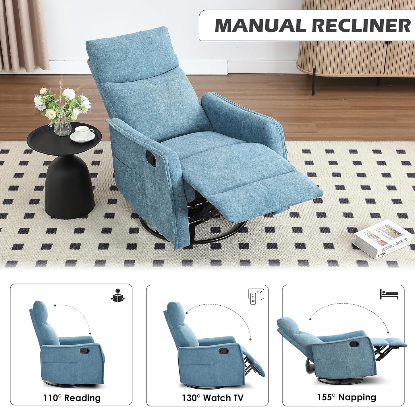 Trustyue Swivel Rocker Recliner Chair, 360° Swivel Recliner with Heat and Massage, Rocker Recliner Nursery Glider Chair with Side Pockets for Living Room (Beige, Fabric)