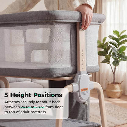 Cowiewie Bassinet Bedside Sleeper, Breathable Baby Bedside Bassinet and Mattress, Lightweight and Portable for Bedside Sleeping, Light Grey