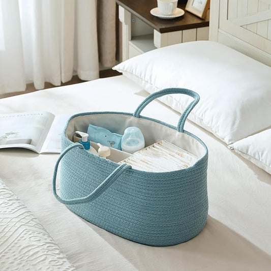luxury little Diaper Caddy Organizer, Large Cotton Rope Nursery Baby Basket, Changing Table Organizer for Baby Diaper Storage, Portable Car Organizer Removable Divider (Lake Blue, Large)
