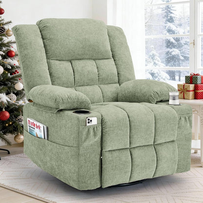 Korser 360° Swivel Rocker Recliner for Adults, Nursery Glider Recliner with Massage and Heating, Rocking Chair with Cup Holder, Manual Recliner Chair for Living Room, Bedroom (Fabric, Beige)