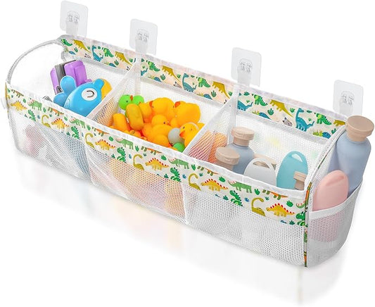 Dinosaur Bath Toy Storage Organizer, 3 Compartment Bath Toy Holder for tubs with Large Openings, Large Capacity & Quick-Drying Mesh - 4 Strong Adhesive Hooks for Easy Access