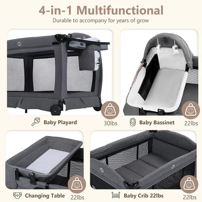 Kinder King 4 in 1 Foldable Pack and Play with Bassinet & Changing Table, Portable Playard for Babies and Toddlers, Adjustable Canopy, Storage Bag, Light Gray