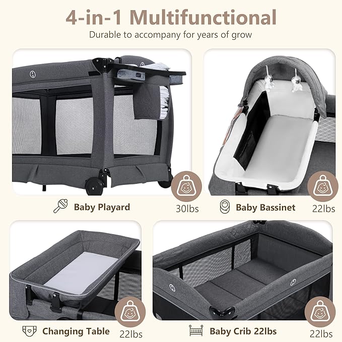 Kinder King 4 in 1 Foldable Pack and Play with Bassinet & Changing Table, Portable Playard for Babies and Toddlers, Adjustable Canopy, Storage Bag, Light Gray