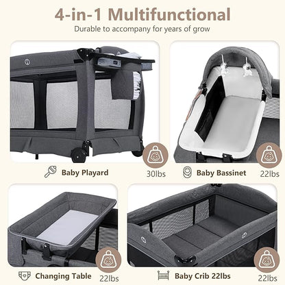 Kinder King 4 in 1 Foldable Pack and Play with Bassinet & Changing Table, Portable Playard for Babies and Toddlers, Adjustable Canopy, Storage Bag, Light Gray