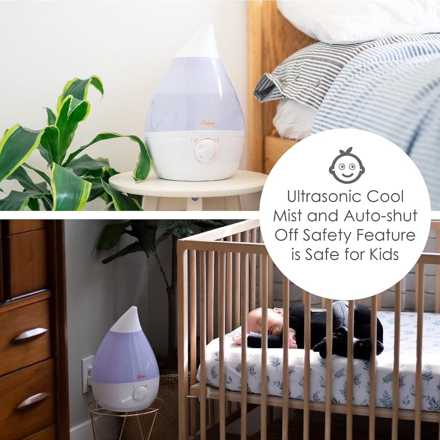 Crane Ultrasonic Cool Mist Humidifier for Bedroom, Baby Nursery, Kids Room, Plants, or Office, Large 1 Gallon Tank, Filter Optional, Clear and White